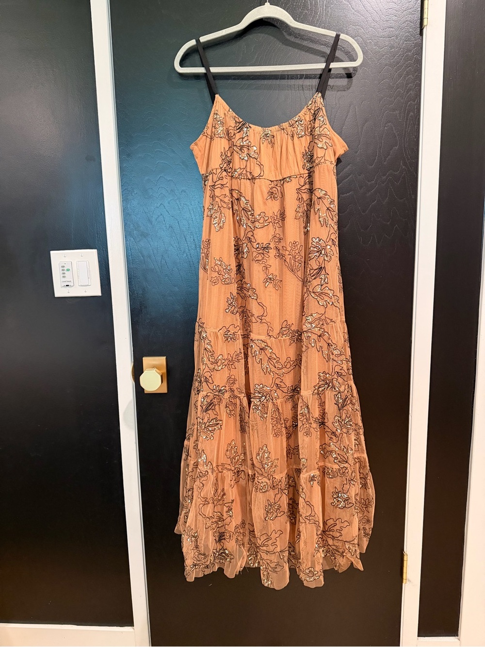Anthropologie Embellished Tiered Maxi Dress in Nude - Size Large Petite